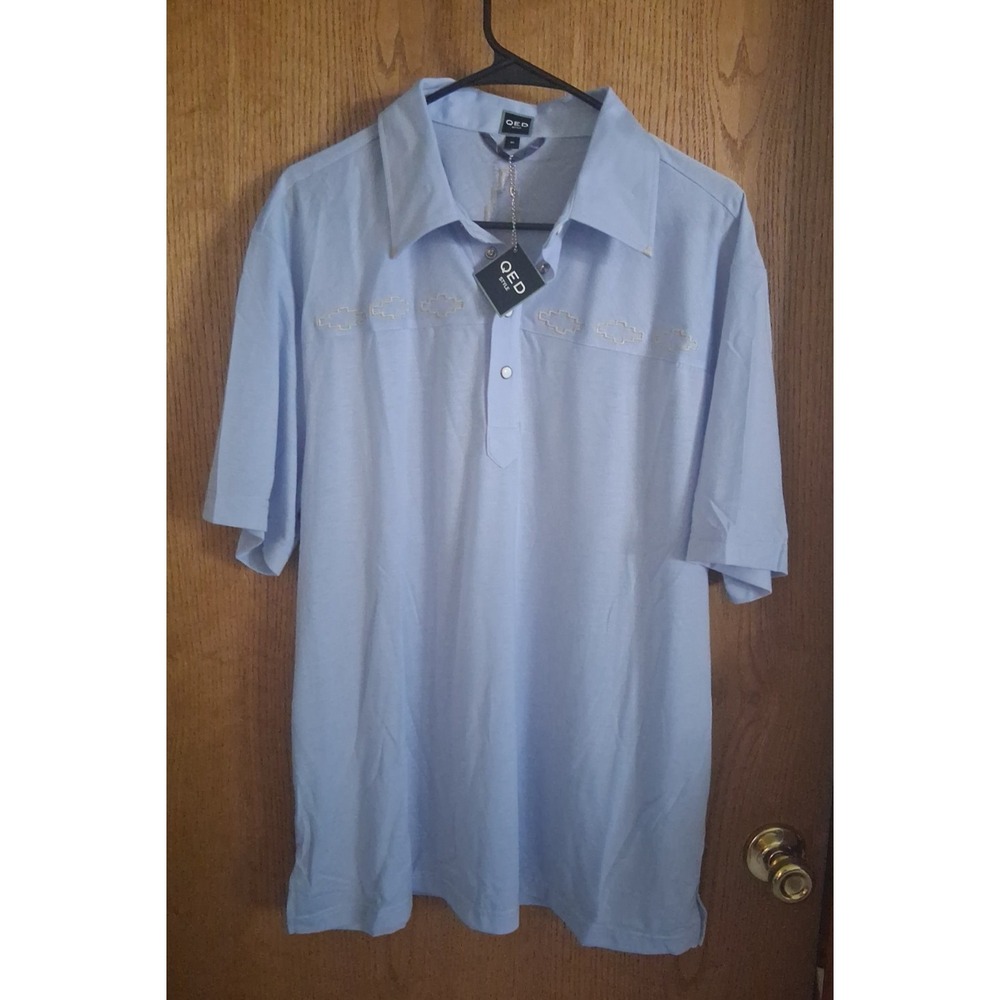 NWT QED Style XL Men's Golf Shirt Snaps Polo Light Blue Embroidered Geometric